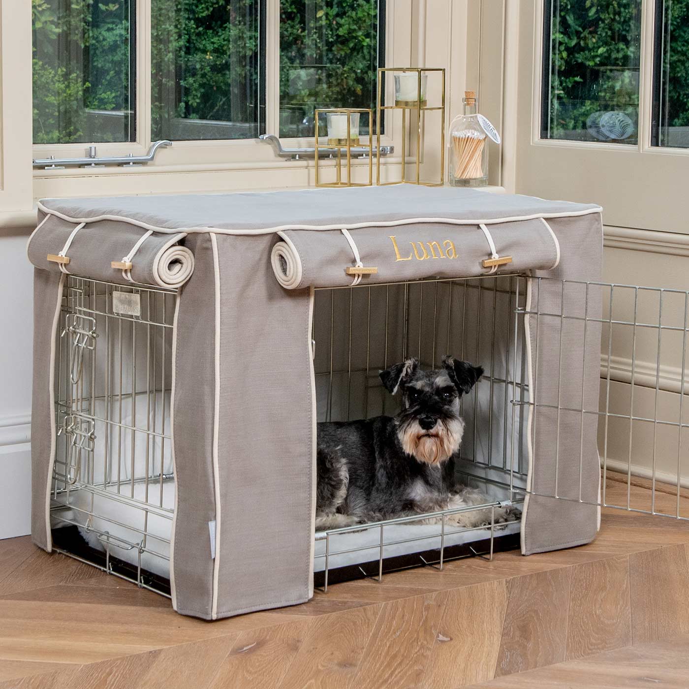 Luxury Dog Cage Cover, Savanna Stone Cage Cover The Perfect Dog Cage Accessory, Available To Personalize Now at Lords & Labradors US