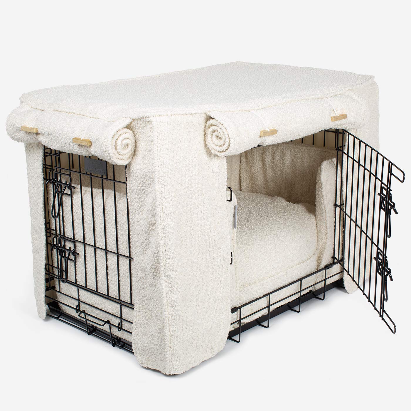 Luxury Heavy Duty Dog Cage, In Stunning Ivory Bouclé Cage Set, The Perfect Dog Cage Set For Building The Ultimate Pet Den! Dog Cage Cover Available To Personalize at Lords & Labradors US