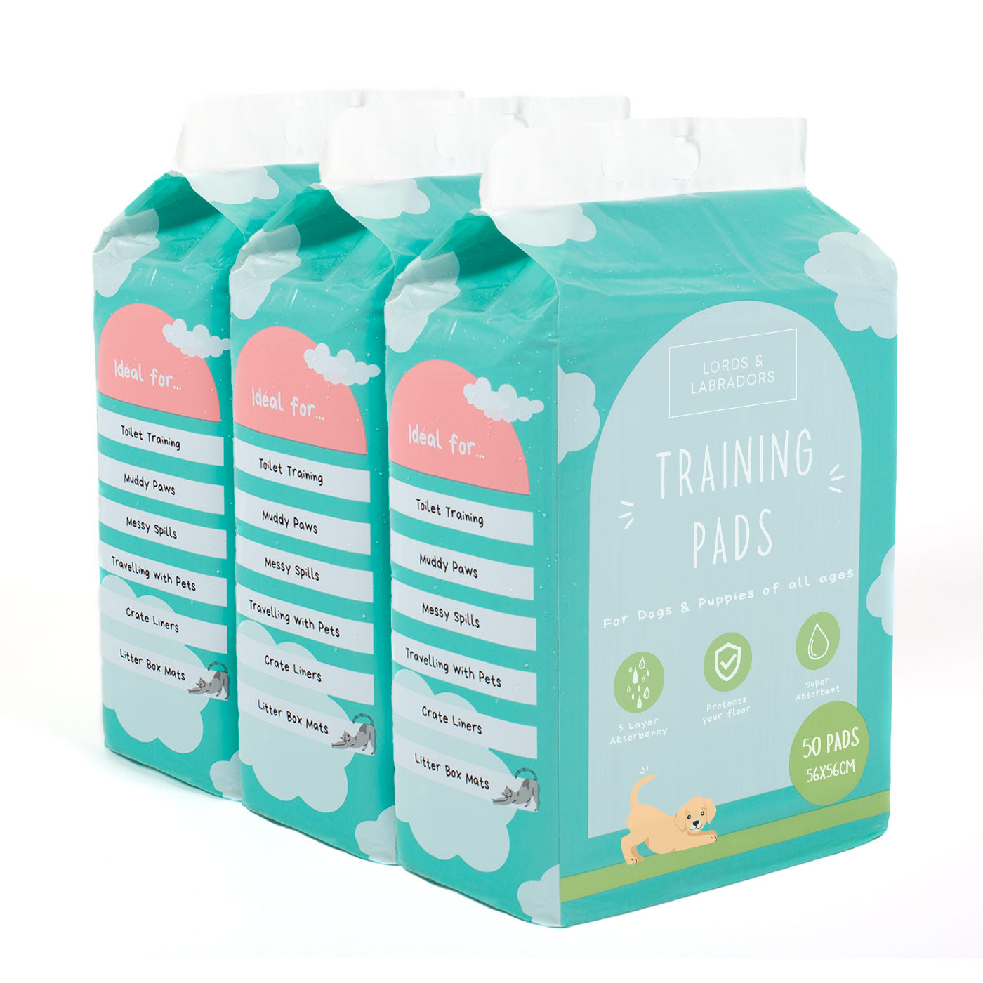 Discover Puppy Training Pads, 150 pads per pack. Featuring Super absorbent with 5 layers absorbency, and Makes house training easy and protects floors. Reducing smelly odours, Perfect for training puppies, travelling, ill or confined dogs. now available at Lords and Labradors US