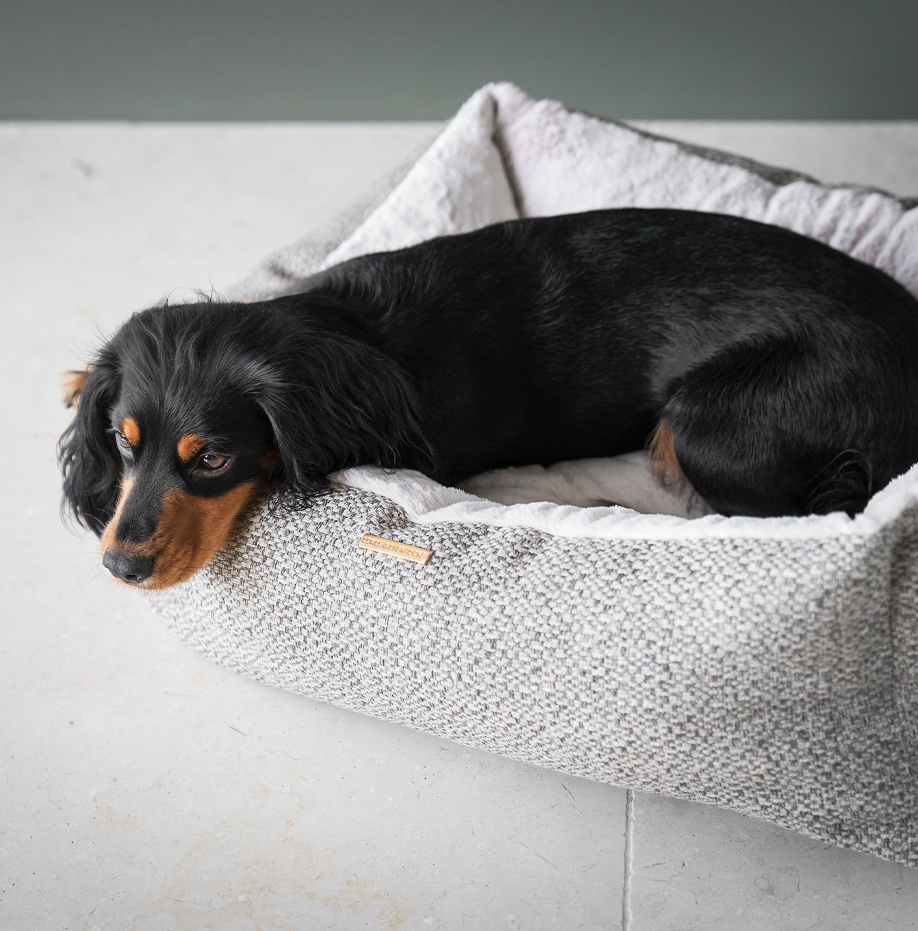 Discover This Luxurious Box Bed For Dogs, Made Using Beautiful Herdwick Fabric To Craft The Perfect Dog Box Bed! In Stunning Pebble, Available Now at Lords & Labradors US