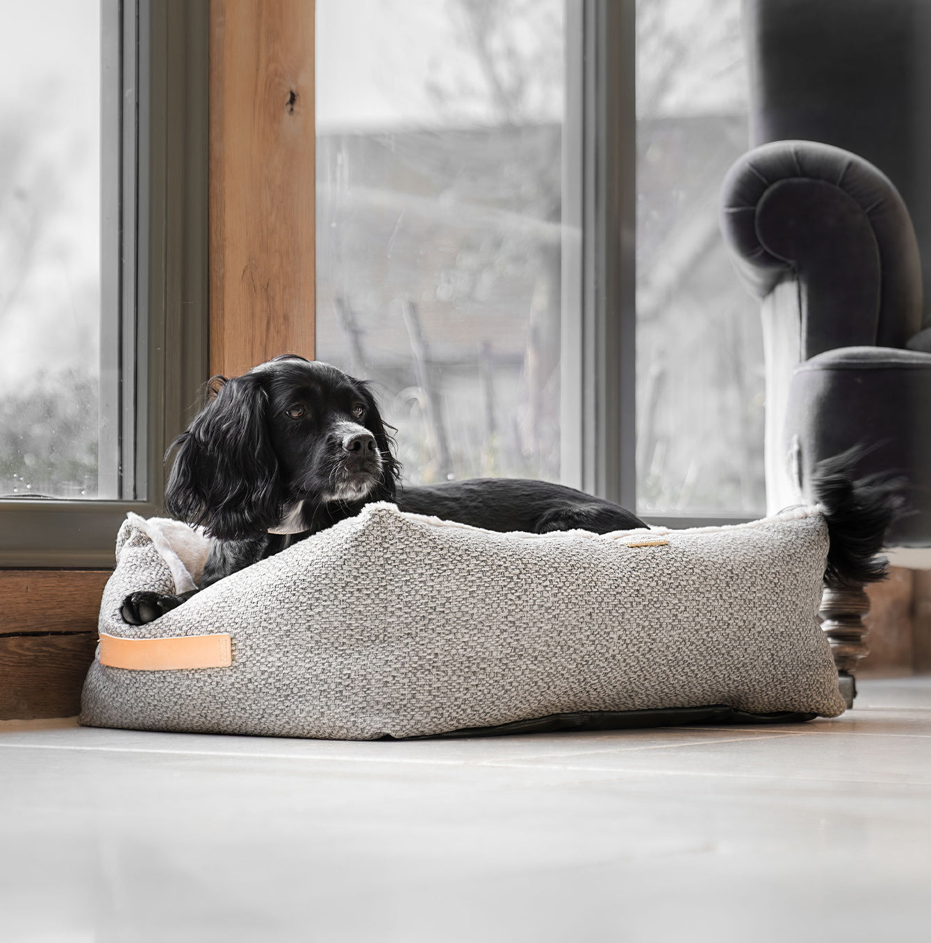 Discover This Luxurious Box Bed For Dogs, Made Using Beautiful Herdwick Fabric To Craft The Perfect Dog Box Bed! In Stunning Pebble, Available Now at Lords & Labradors US