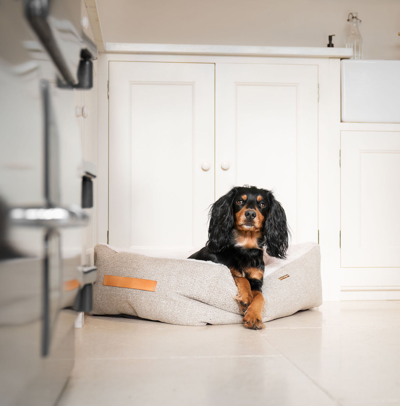 Discover This Luxurious Box Bed For Dogs, Made Using Beautiful Herdwick Fabric To Craft The Perfect Dog Box Bed! In Stunning Pebble, Available Now at Lords & Labradors US