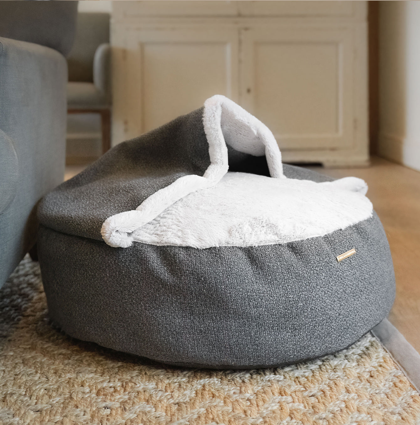 Discover This Luxurious Dog Den, Made Using Beautiful Herdwick Fabric To Craft The Perfect Den For Dogs! In Stunning Graphite, Available Now at Lords & Labradors US