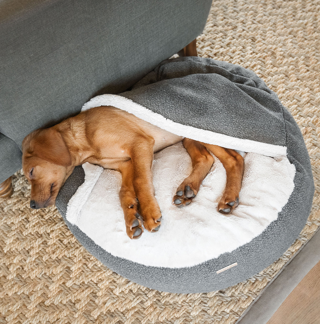 Discover This Luxurious Dog Den, Made Using Beautiful Herdwick Fabric To Craft The Perfect Den For Dogs! In Stunning Graphite, Available Now at Lords & Labradors US
