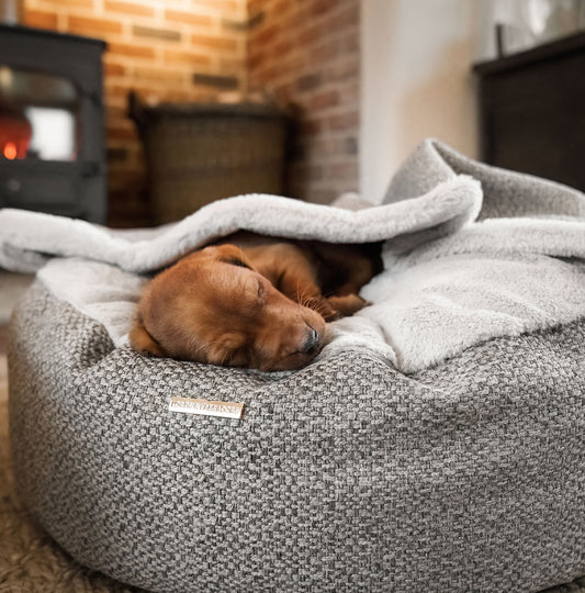 Discover This Luxurious Dog Den, Made Using Beautiful Herdwick Fabric To Craft The Perfect Den For Dogs! In Stunning Pebble, Available Now at Lords & Labradors US