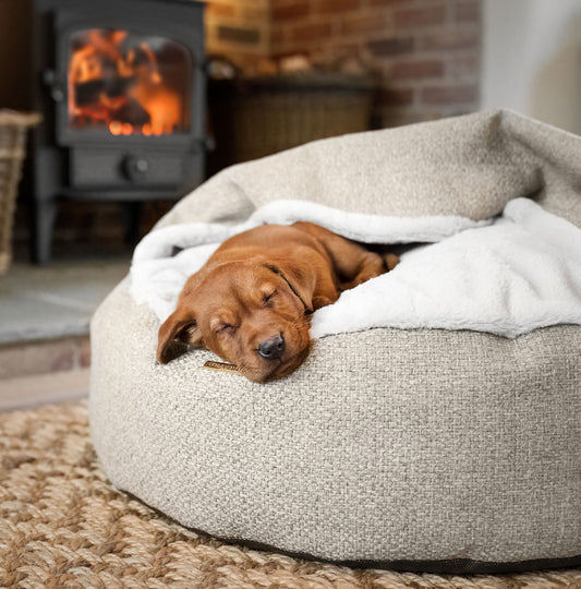 Discover This Luxurious Dog Den, Made Using Beautiful Herdwick Fabric To Craft The Perfect Den For Dogs! In Stunning Sandstone, Available Now at Lords & Labradors US