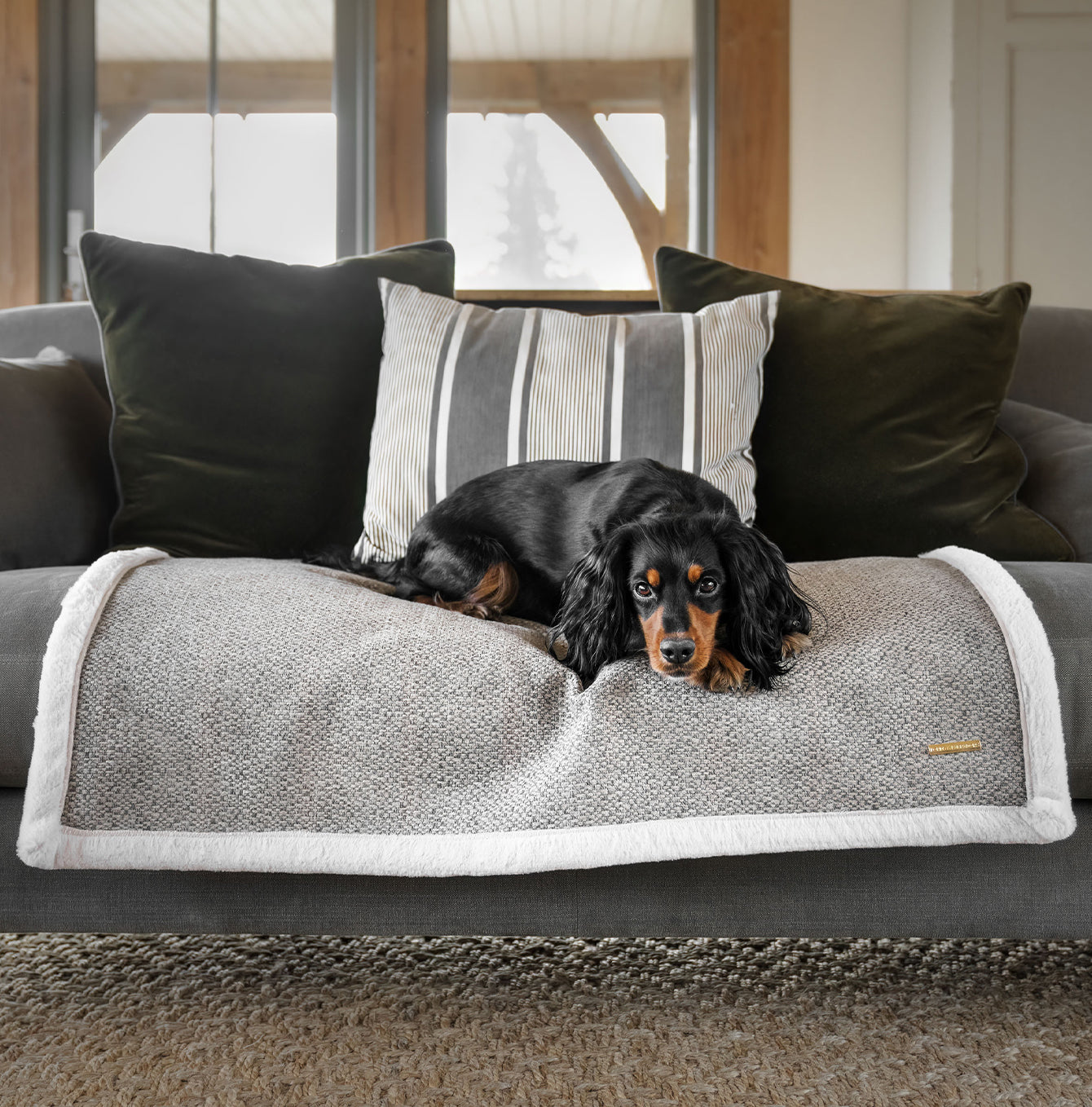 Present your furry friend with our luxuriously thick, plush blanket for your pet. Featuring a reverse side with hardwearing woven fabric handmade in Italy for the perfect high-quality pet blanket! Essentials Herdwick Blanket In Pebble, Available now at Lords & Labradors US