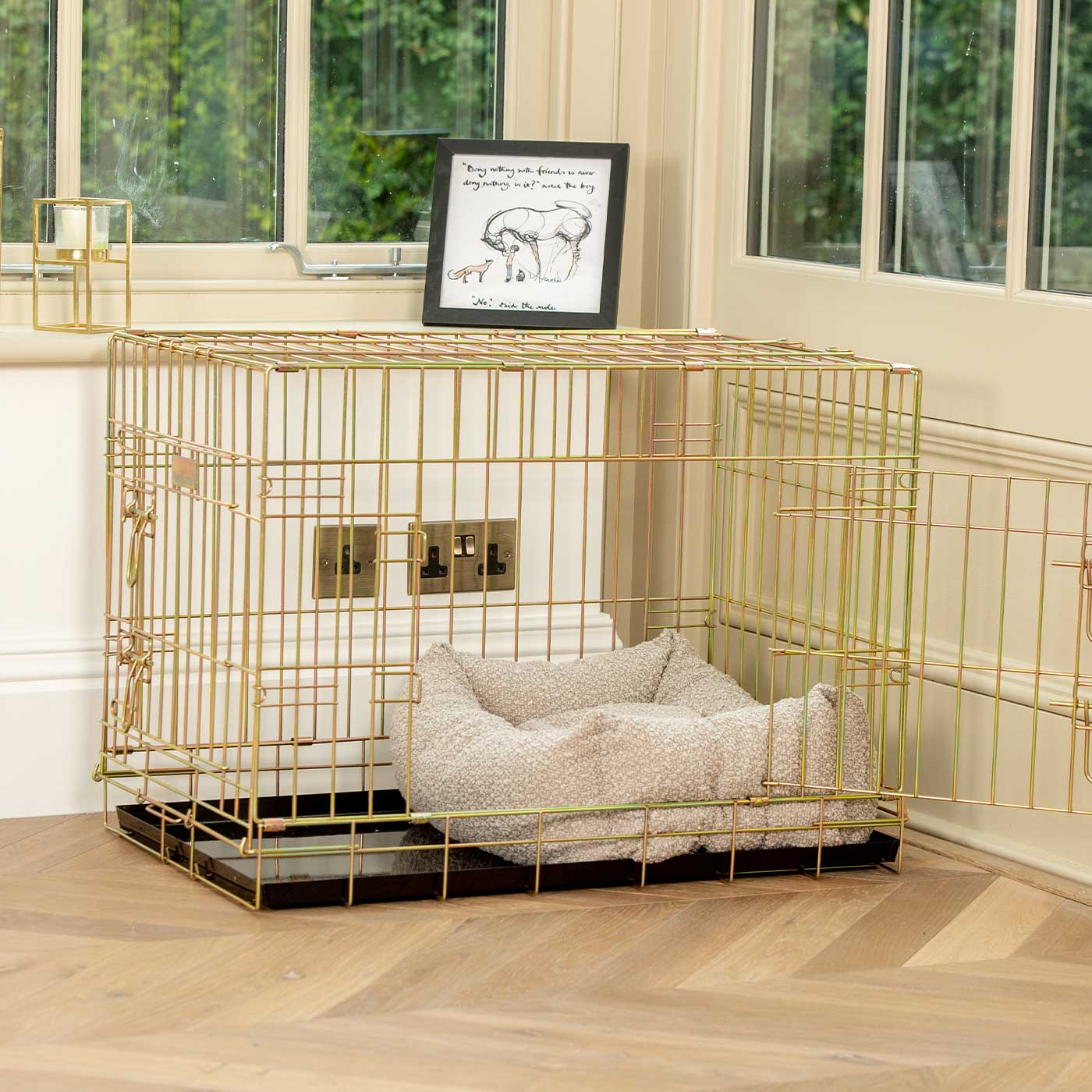 Cozy & Calm Puppy Cage Bed, The Perfect Dog Cage Accessory For The Ultimate Dog Den! In Stunning Mink Boucle! Available Now at Lords & Labradors US
