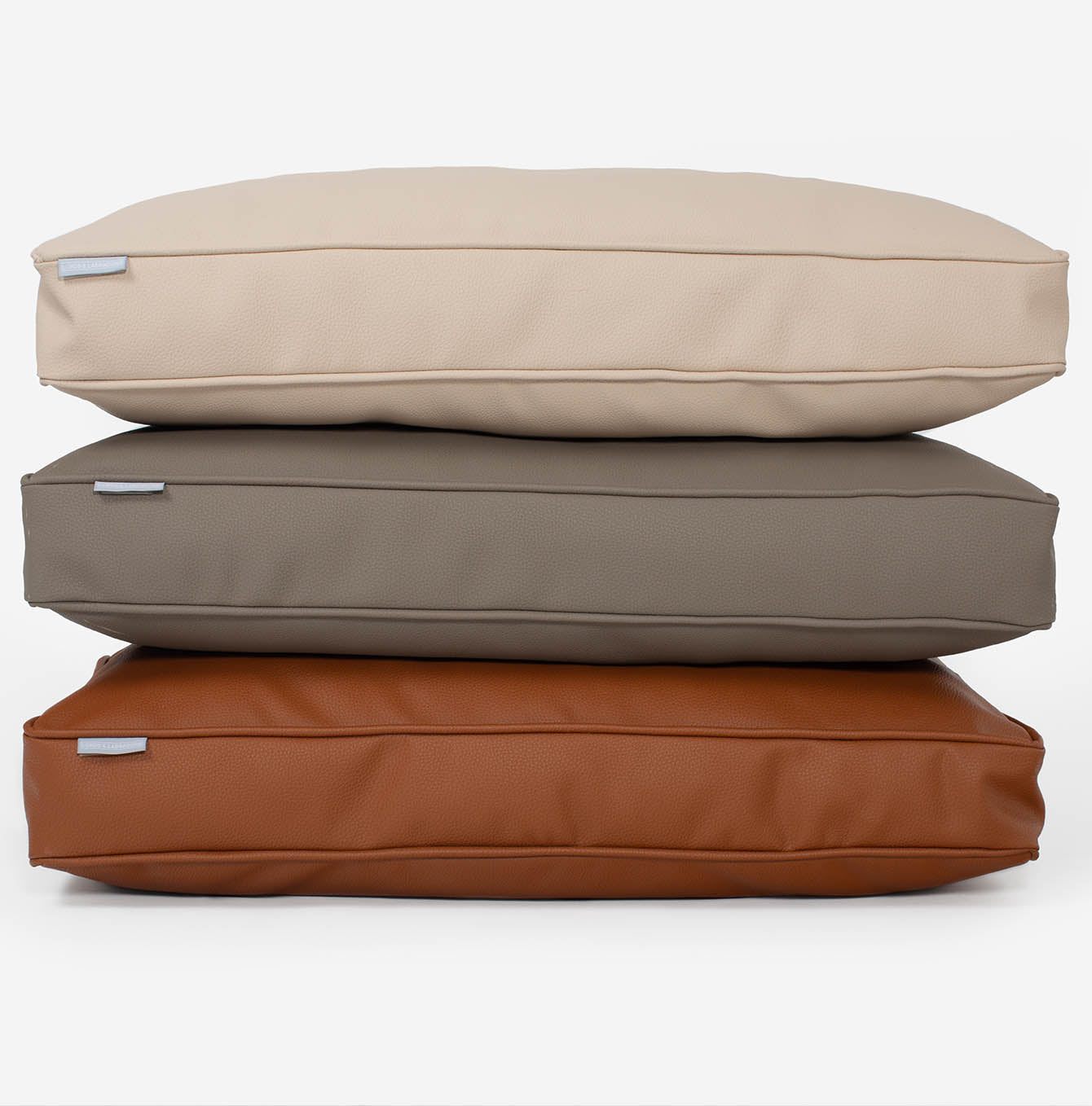 Luxury Dog Cushion in Rhino Tough Desert Faux Leather in Sand, Camel and Ember. The Perfect Pet Bed Time Accessory! Available Now at Lords & Labradors US