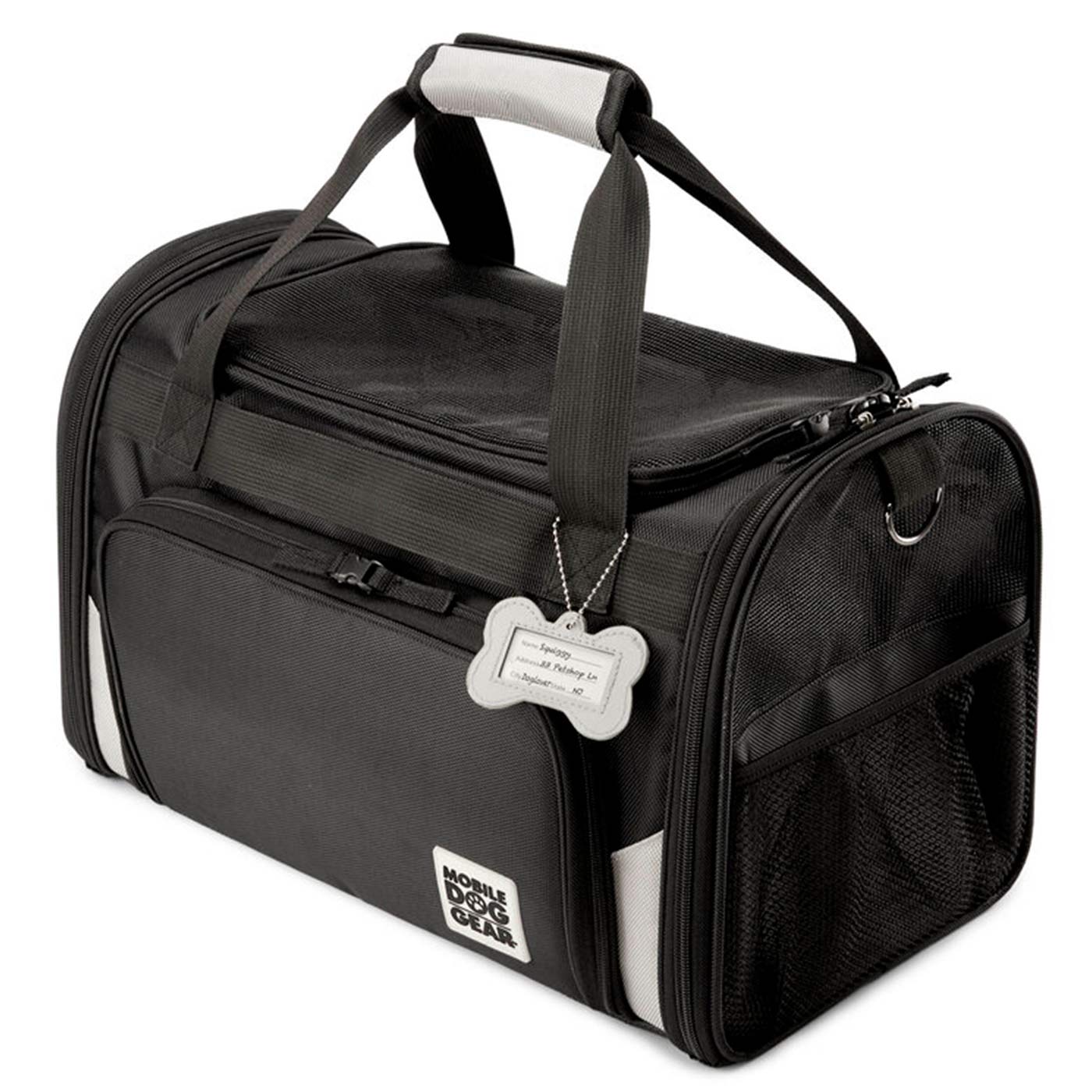 Discover, Mobile Dog Gear Pet Carrier, in Black. The Perfect Away Bag for any Pet Parent, Featuring dividers to stack food and removable padded Bottom. Also Included feeding set, collapsible silicone bowls and placemat! The Perfect Gift For travel, meets airline requirements. Available Now at Lords & Labradors US
