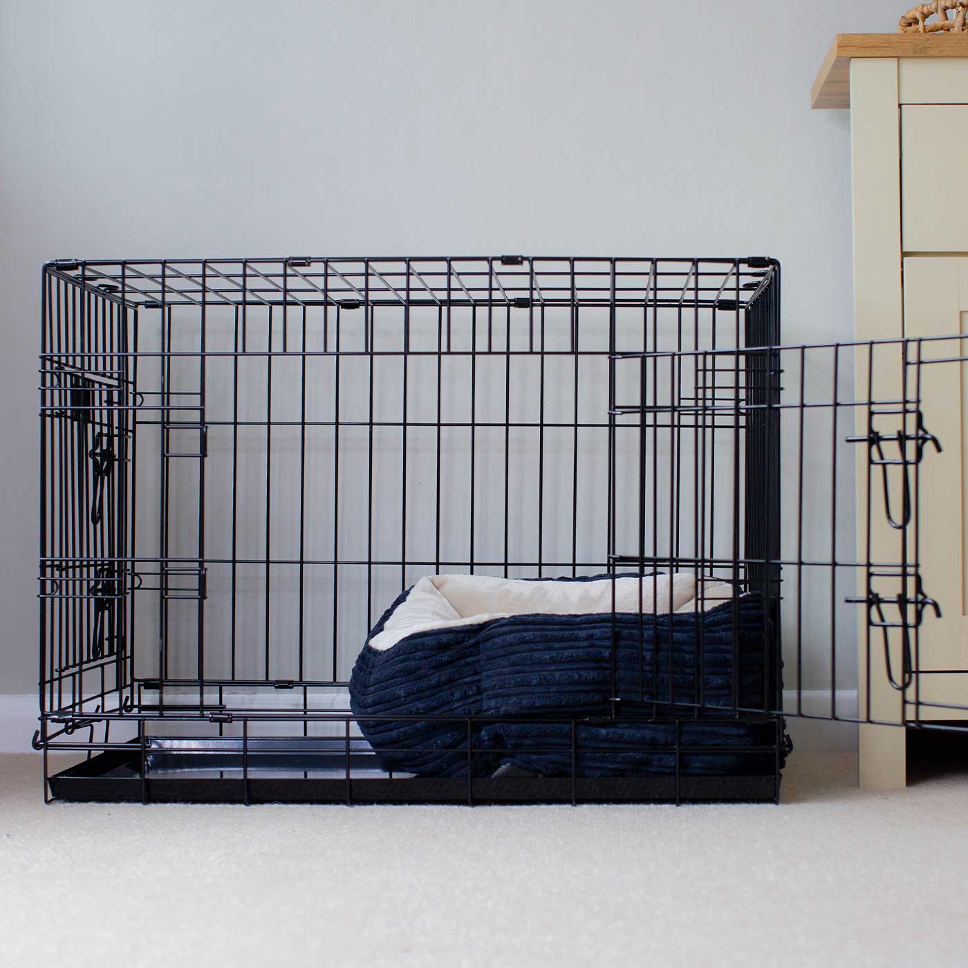 [color:navy plush] Cozy & Calm Puppy Cage Bed, The Perfect Dog Cage Accessory For The Ultimate Dog Den! In Stunning Navy Essentials Plush! Available To Personalize at Lords & Labradors US