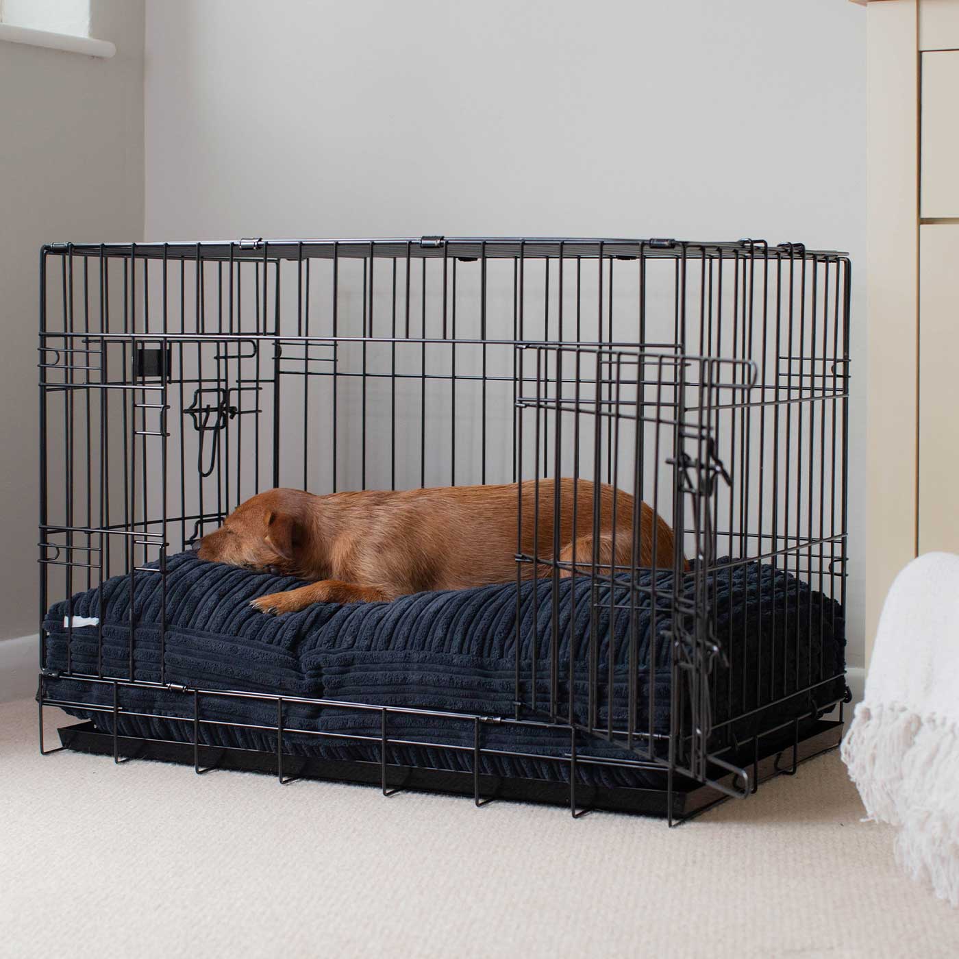 Luxury Dog Cage Cushion, Essentials Plush Cushion in Navy! The Perfect Dog Cage Accessory, Available To Personalize Now at Lords & Labradors US