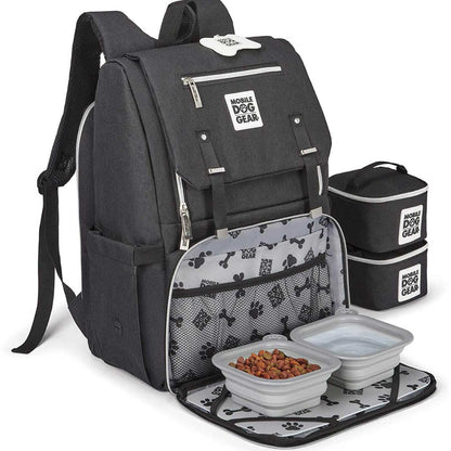 Discover, Mobile Dog Gear Week Away Backpack, in Black. The Perfect Away Bag for any Pet Parent, Featuring dividers to stack food and built in waste bag dispenser. Also Included feeding set, collapsible silicone bowls and placemat! The Perfect Gift For travel, meets airline requirements. Available Now at Lords & Labradors US
