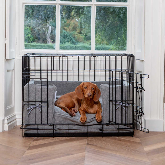 Luxury Dog Cage Bumper, Pewter Herringbone Tweed Cage Bumper Cover The Perfect Dog Cage Accessory, Available To Personalize Now at Lords & Labradors US