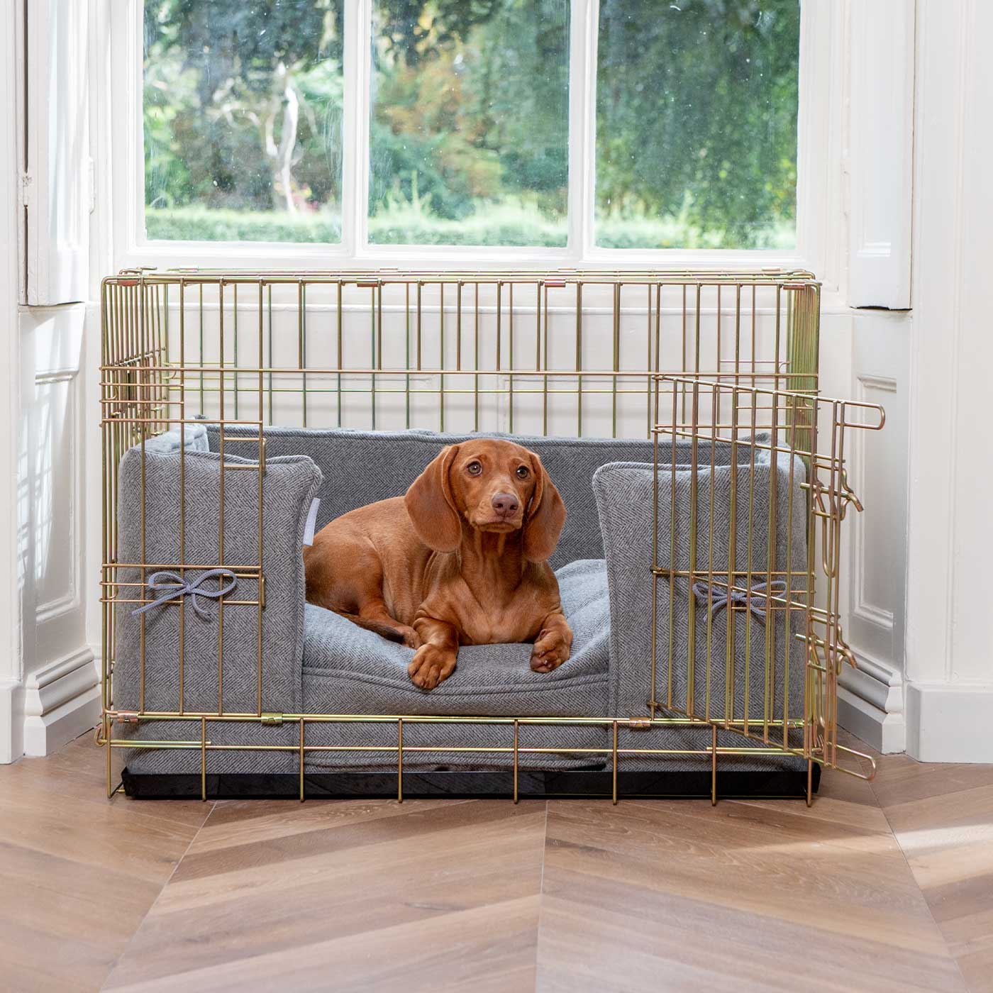 Luxury Dog Cage Bumper, Pewter Herringbone Tweed Cage Bumper Cover The Perfect Dog Cage Accessory, Available To Personalize Now at Lords & Labradors US