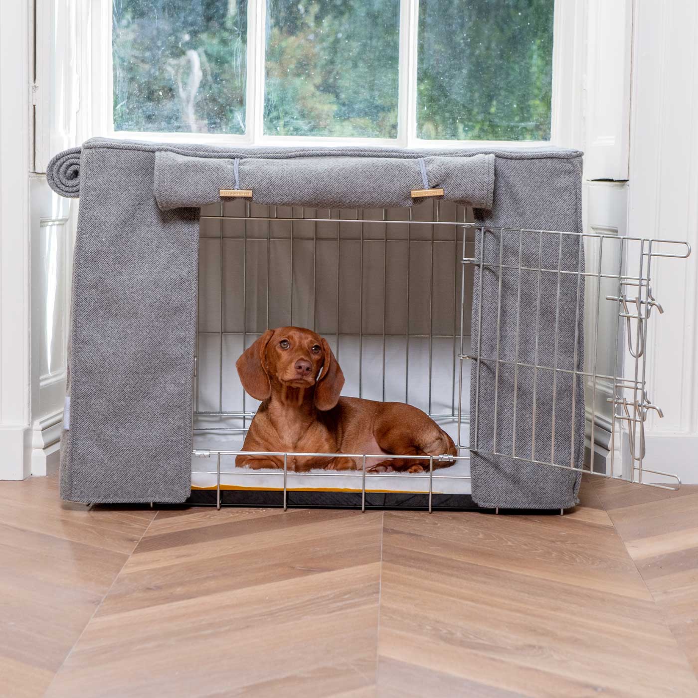 Luxury Dog Cage Cover, Pewter Herringbone Tweed Cage Cover The Perfect Dog Cage Accessory, Available To Personalize Now at Lords & Labradors US