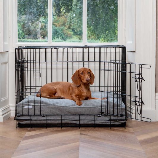 Luxury Dog Cage Cushion, Pewter Herringbone Tweed Cage Cushion The Perfect Dog Cage Accessory, Available To Personalize Now at Lords & Labradors US