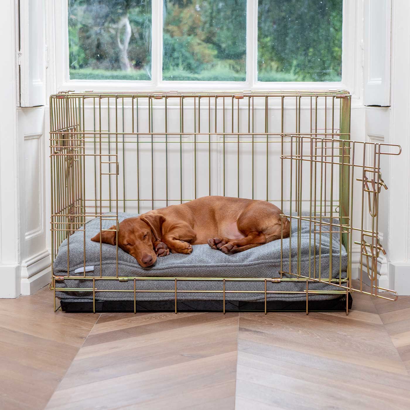 Luxury Dog Cage Cushion, Pewter Herringbone Tweed Cage Cushion The Perfect Dog Cage Accessory, Available To Personalize Now at Lords & Labradors US