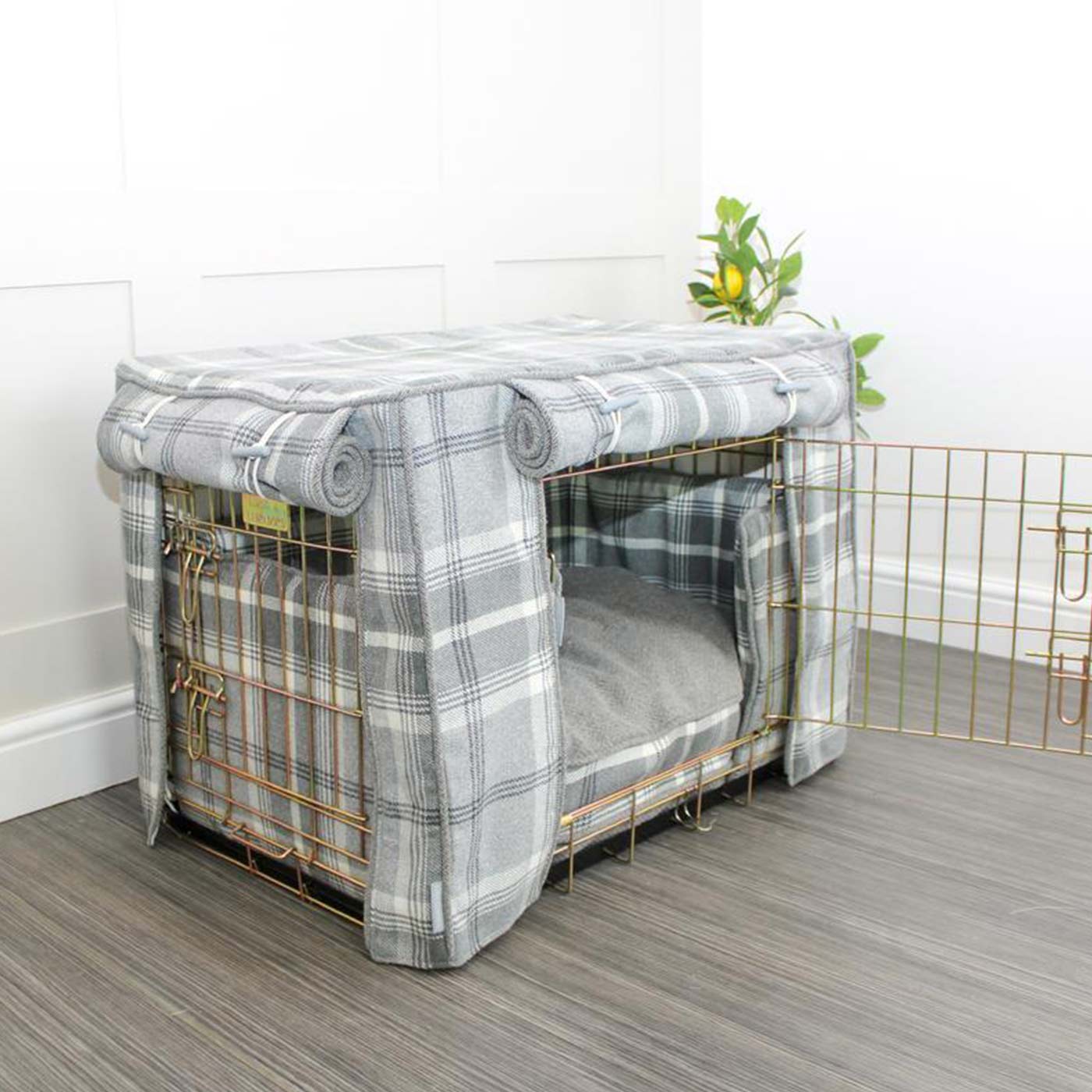[colour:dove grey tweed] Luxury Dog Cage Bumper, Dove Grey Tweed Cage Bumper Cover, The Perfect Dog Cage Accessory, Available Now at Lords & Labradors US