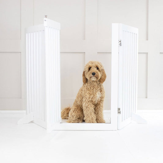 [color:white] Train your new puppy with the perfect pet furniture, our super-strong wooden dog gate will ensure you set the boundaries for your furry friend, made easy to assemble featuring a walk-through gate for easy accessibility to be installed in doorways, hallways and stairs! Shop the ideal pet gate, available now in white & grey at Lords & Labradors US