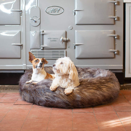 Luxury Anti-Anxiety Dog Bed, In Stunning Wolf Faux Fur, Perfect For Your Pets Nap Time! Available Now at Lords & Labradors US
