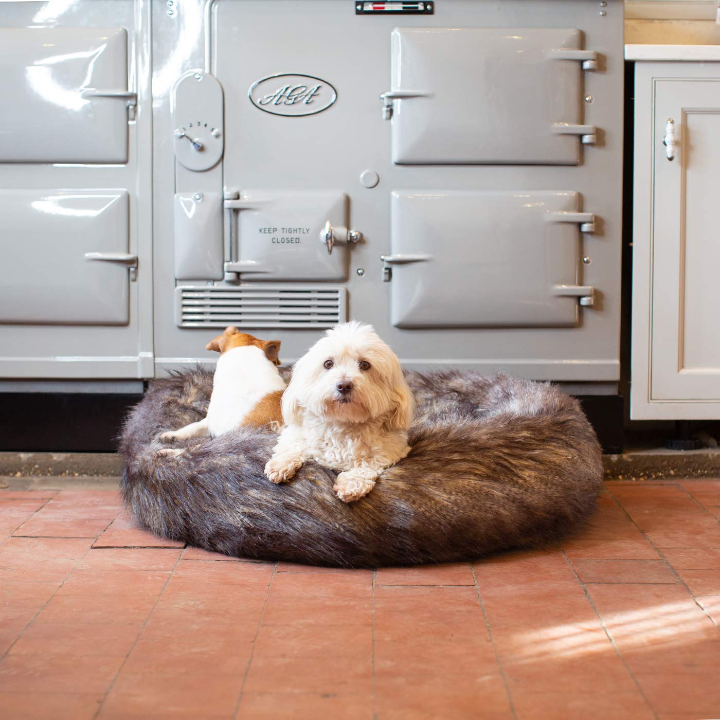 Luxury Anti-Anxiety Dog Bed, In Stunning Wolf Faux Fur, Perfect For Your Pets Nap Time! Available Now at Lords & Labradors US