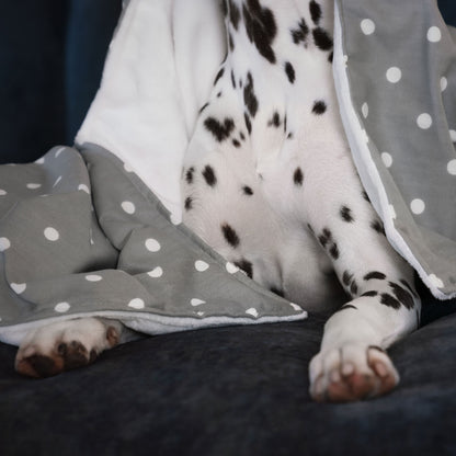 Discover Our Luxurious Dog Blanket In Stunning Grey Spot, The Perfect Blanket For Puppies, Available To Personalize And In 2 Sizes Here at Lords & Labradors US