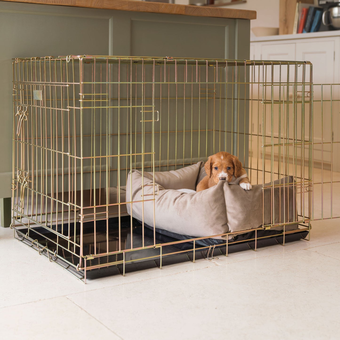 Cozy & Calming Puppy Cage Bed In Clay Velvet By Lords & Labradors