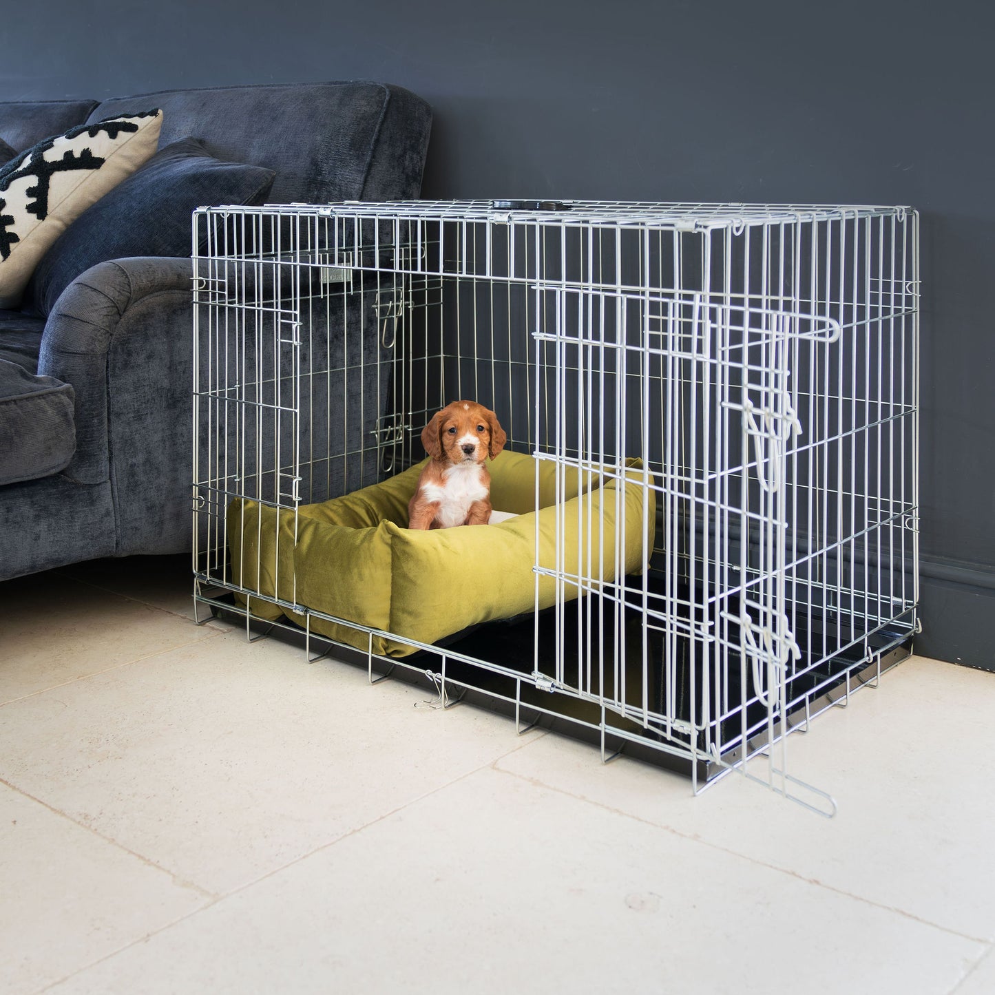 Cozy & Calming Puppy Cage Bed In Olive Velvet By Lords & Labradors