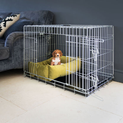 Dog Cage with Cozy & Calming Puppy Cage Bed in Olive Velvet by Lords & Labradors