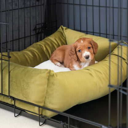 Cozy & Calming Puppy Cage Bed In Olive Velvet By Lords & Labradors