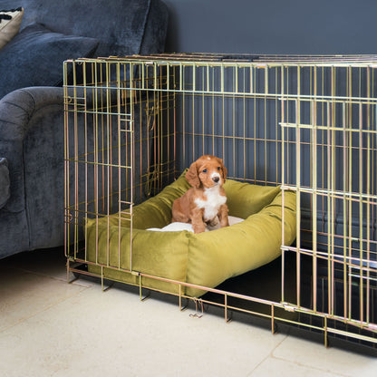 Cozy & Calming Puppy Cage Bed In Olive Velvet By Lords & Labradors