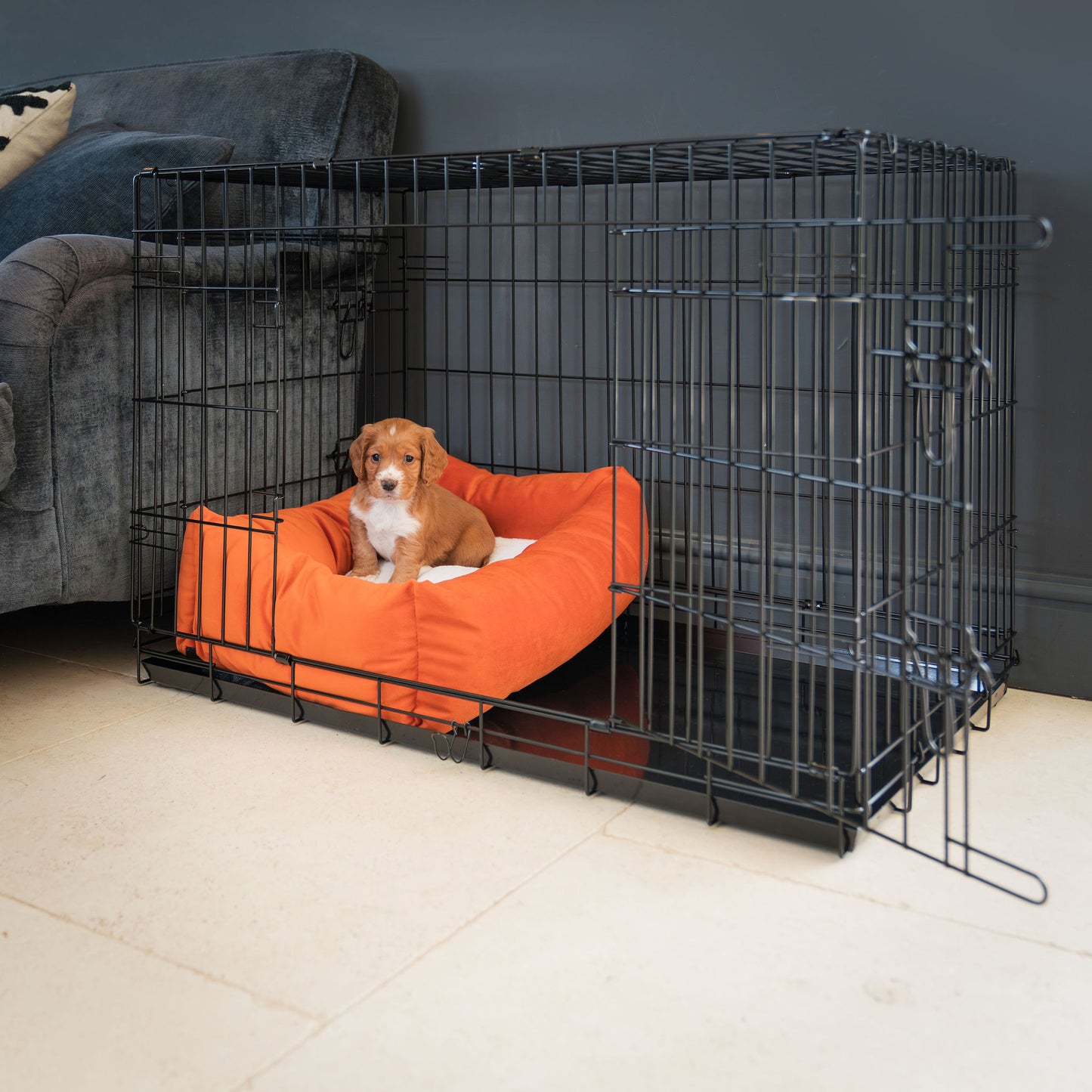 Cozy & Calming Puppy Cage Bed In Pumpkin Velvet By Lords & Labradors