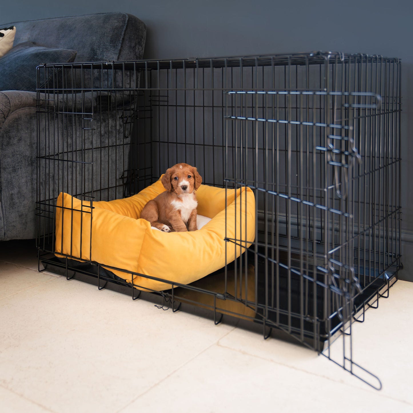 Cozy & Calming Puppy Cage Bed In Saffron Velvet By Lords & Labradors