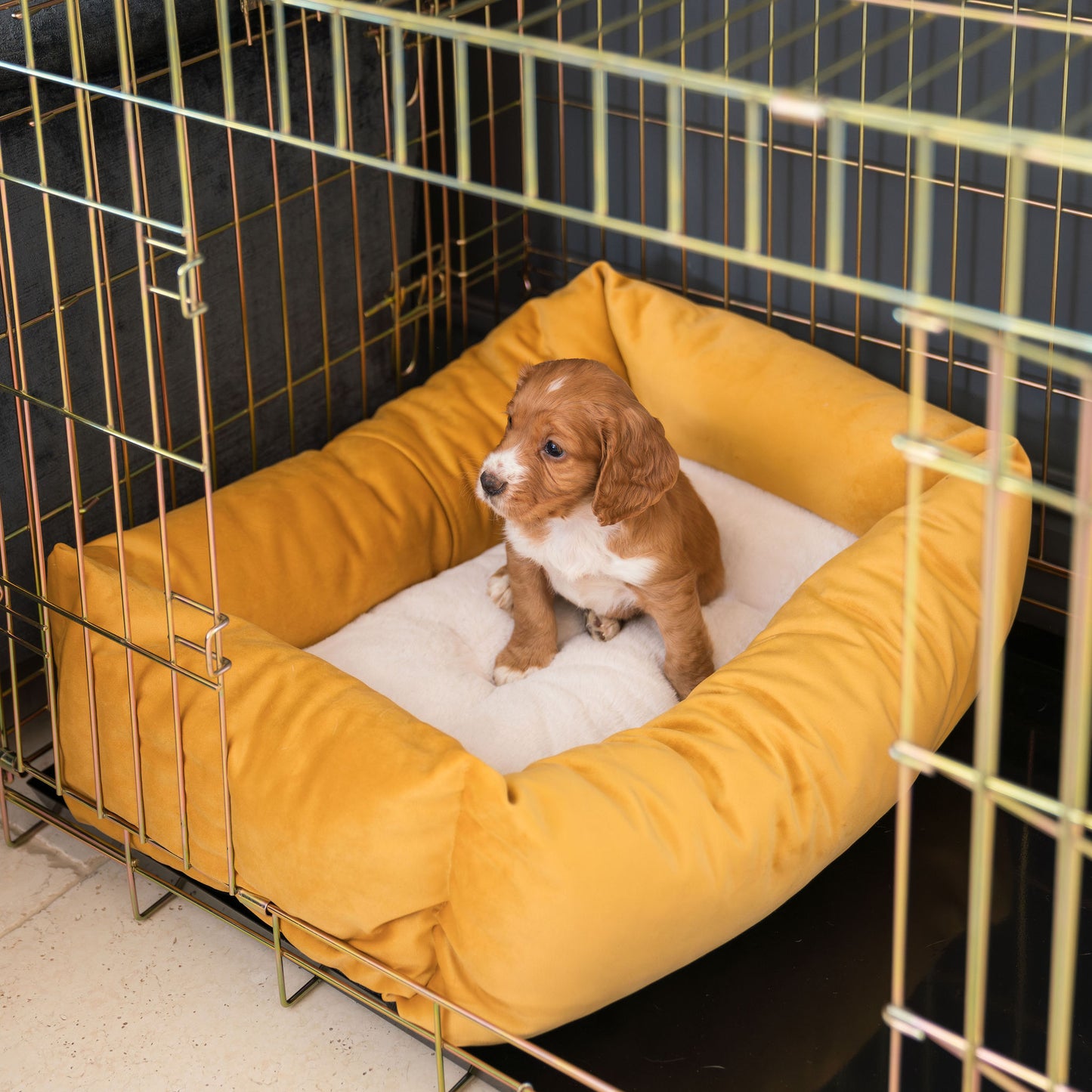 Cozy & Calming Puppy Cage Bed In Saffron Velvet By Lords & Labradors