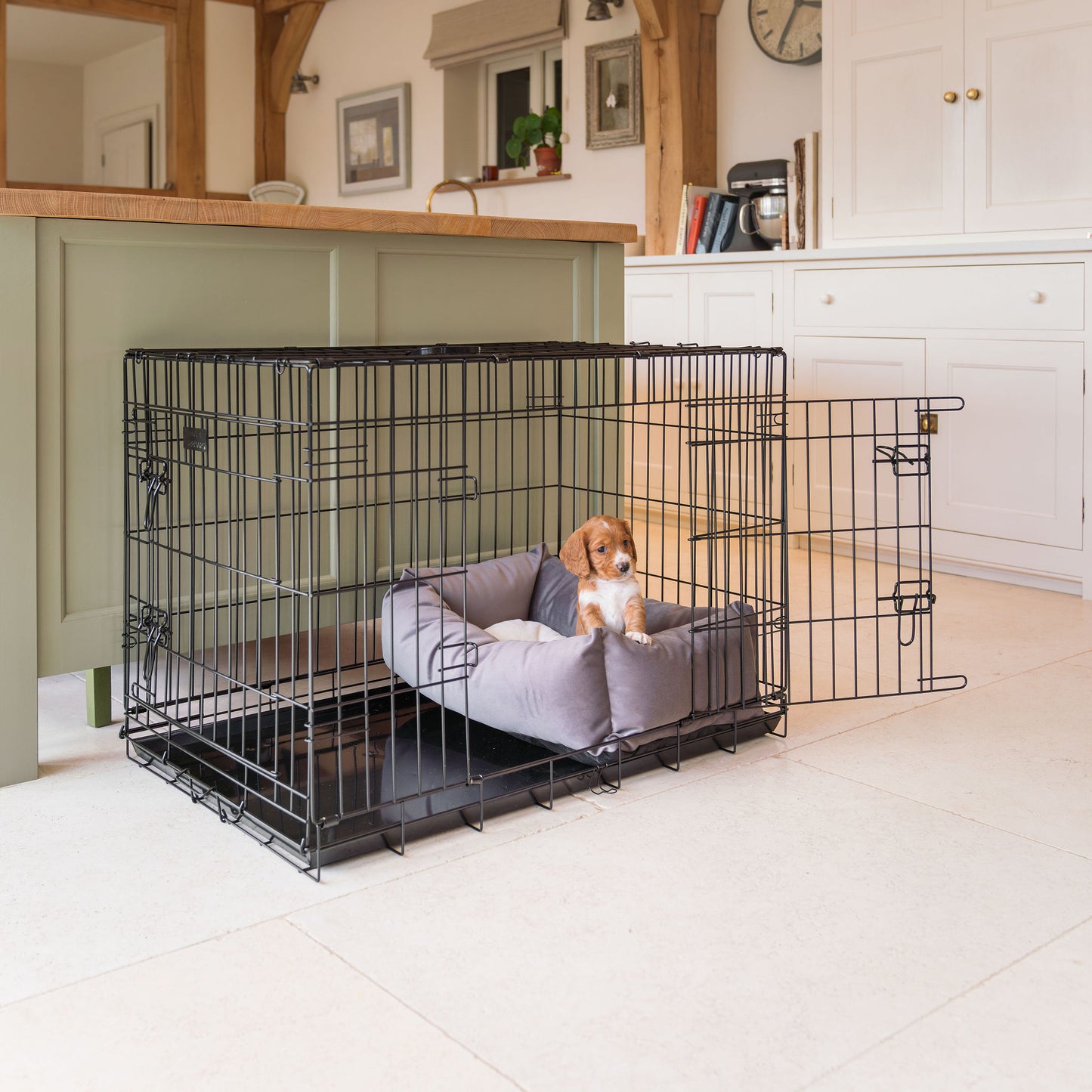 Cozy & Calming Puppy Cage Bed In Silt Velvet By Lords & Labradors