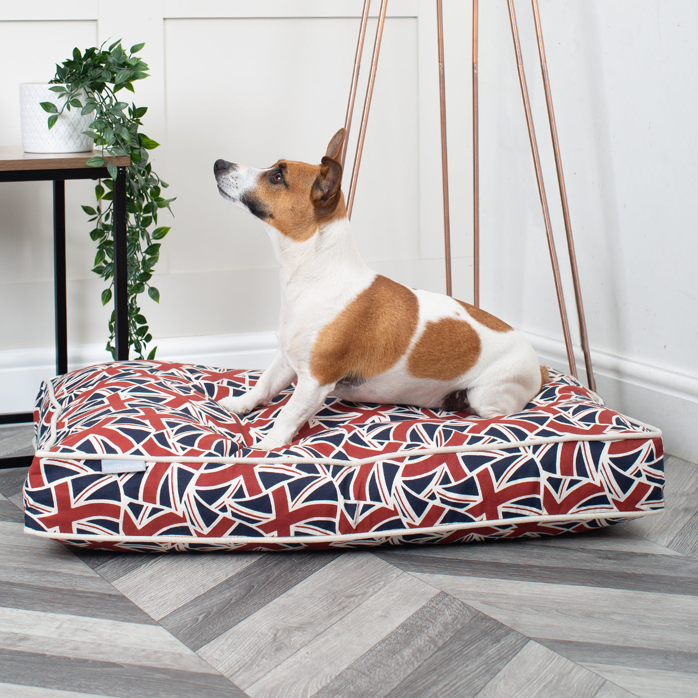 Luxury Dog Cushion, In Union Jack. Order The Perfect Pet Cushion Today For The Ultimate Burrow! Available For Pet Personalization, Handmade Here at Lords & Labradors US!