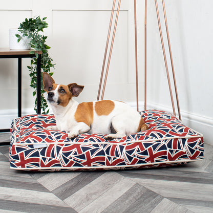 Luxury Dog Cushion, In Union Jack. Order The Perfect Pet Cushion Today For The Ultimate Burrow! Available For Pet Personalization, Handmade Here at Lords & Labradors US!