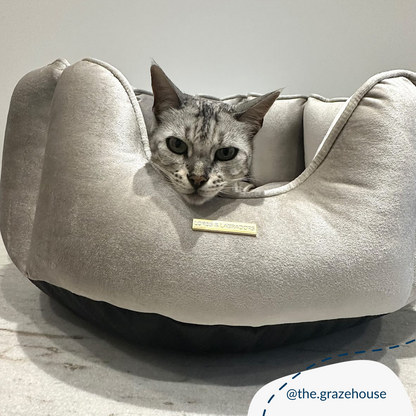 Discover Our Luxurious Velvet High Wall Bed For Cats, Featuring inner pillow with plush teddy fleece on one side To Craft The Perfect Cat Bed In Stunning Mushroom Velvet! Available To Personalize Now at Lords & Labradors US