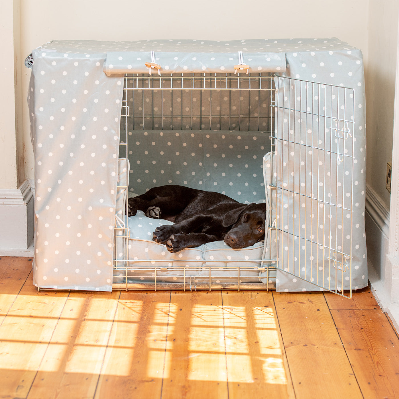 Luxury Heavy Duty Dog Cage, In Stunning Duck Egg Spot Oil Cloth Cage Set, The Perfect Dog Cage Set For Building The Ultimate Pet Den! Dog Cage Cover Available To Personalize at Lords & Labradors US