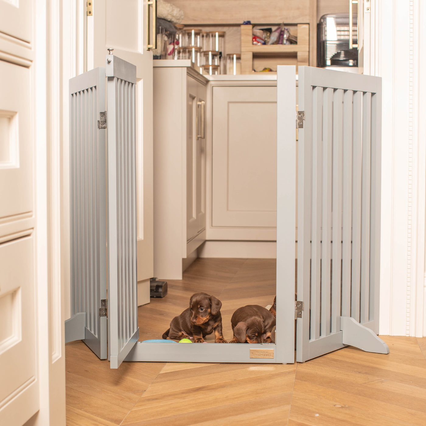 Train your new puppy with the perfect pet furniture, our super-strong wooden dog gate will ensure you set the boundaries for your furry friend, made easy to assemble featuring a walk-through gate for easy accessibility to be installed in doorways, hallways and stairs! Shop the ideal pet gate, available now in white & grey at Lords & Labradors US