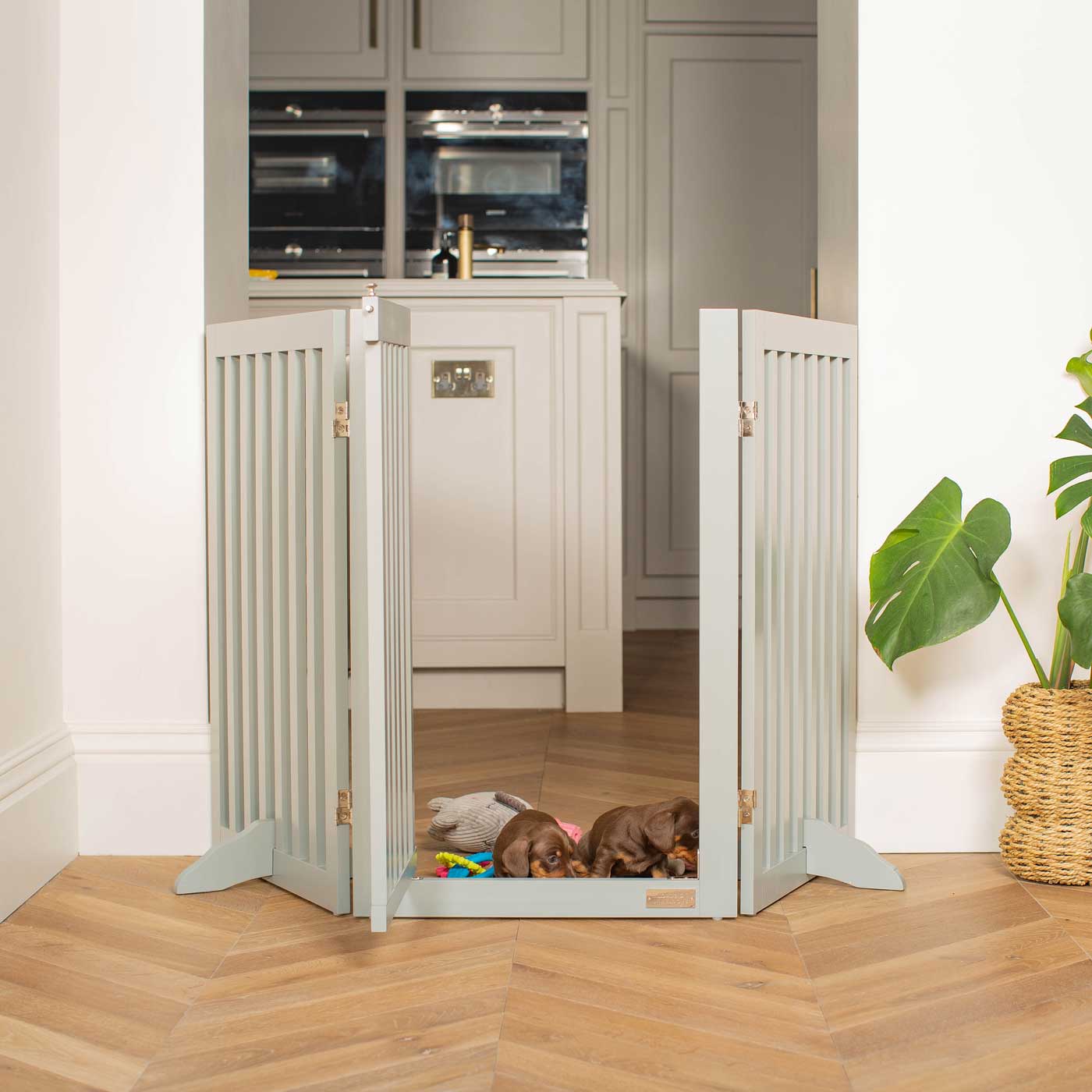 Train your new puppy with the perfect pet furniture, our super-strong wooden dog gate will ensure you set the boundaries for your furry friend, made easy to assemble featuring a walk-through gate for easy accessibility to be installed in doorways, hallways and stairs! Shop the ideal pet gate, available now in white & grey at Lords & Labradors US