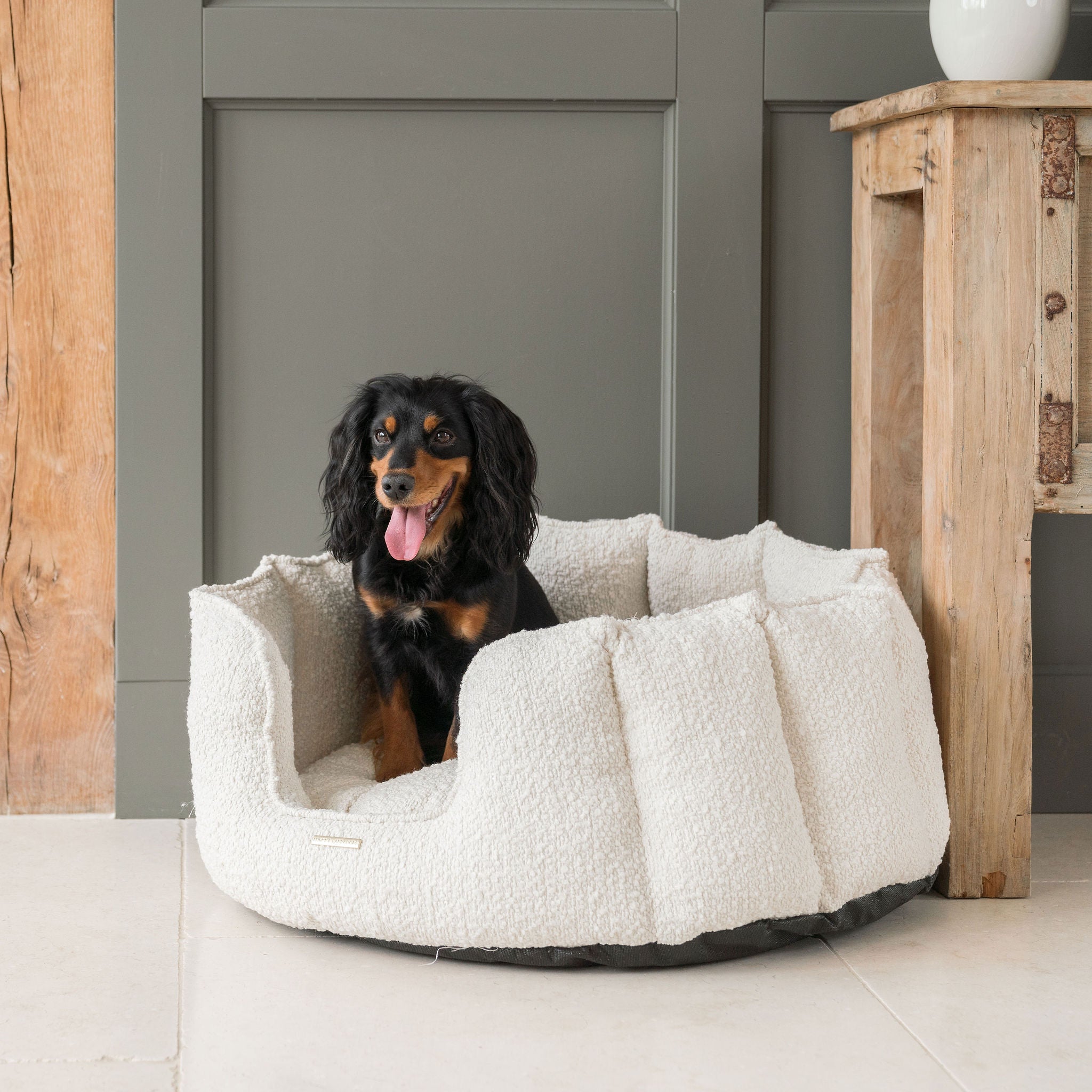 Personalised Cosy Box Bed For 2024 Dogs Herringbone Tweed Collection Available in 4 Sizes and 3 Colours For Dachshund Cockapoo Jack Russell Pug