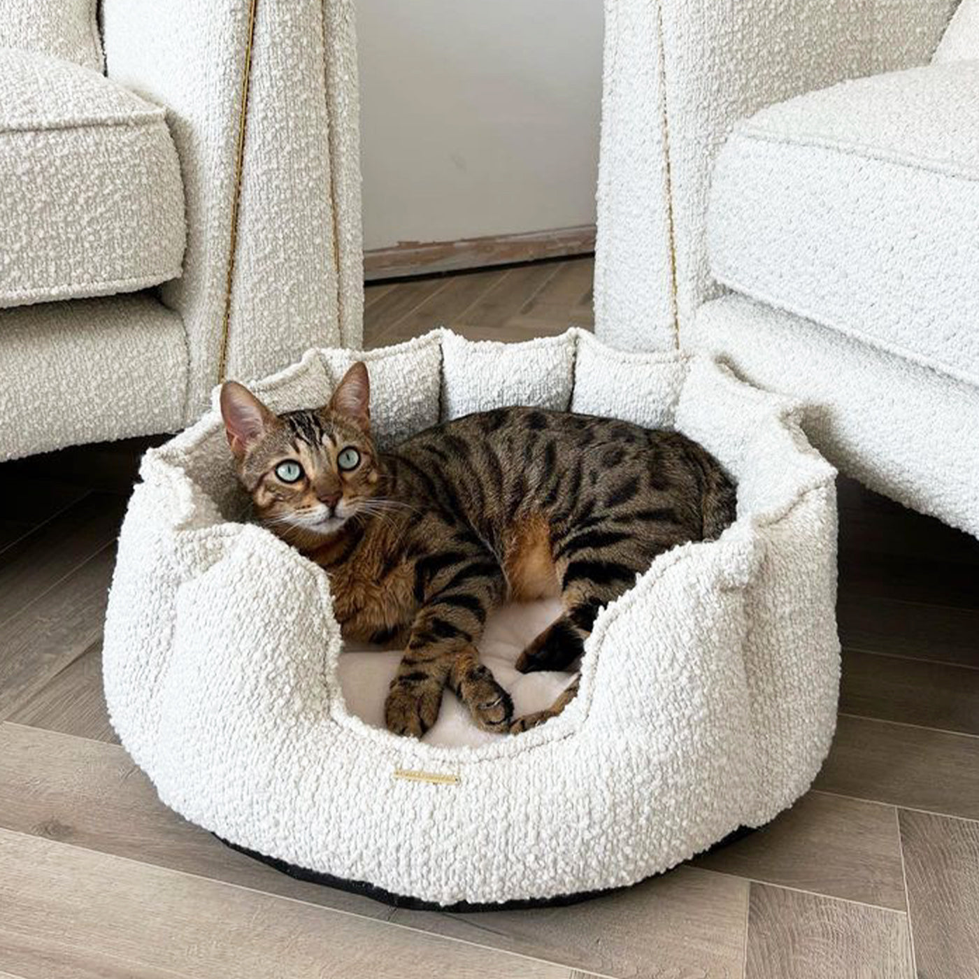 Discover Our Luxurious High Wall Bed For Cats & Kittens, Featuring inner pillow with plush teddy fleece on one side To Craft The Perfect Cat Bed In Stunning Ivory Boucle! Available To Personalize Now at Lords & Labradors US