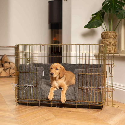 Discover Our Heavy-Duty Gold Dog Cage With Granite Bouclé Cushion & Bumper! The Perfect Cage Accessories. Available To Personalize Here at Lords & Labradors US