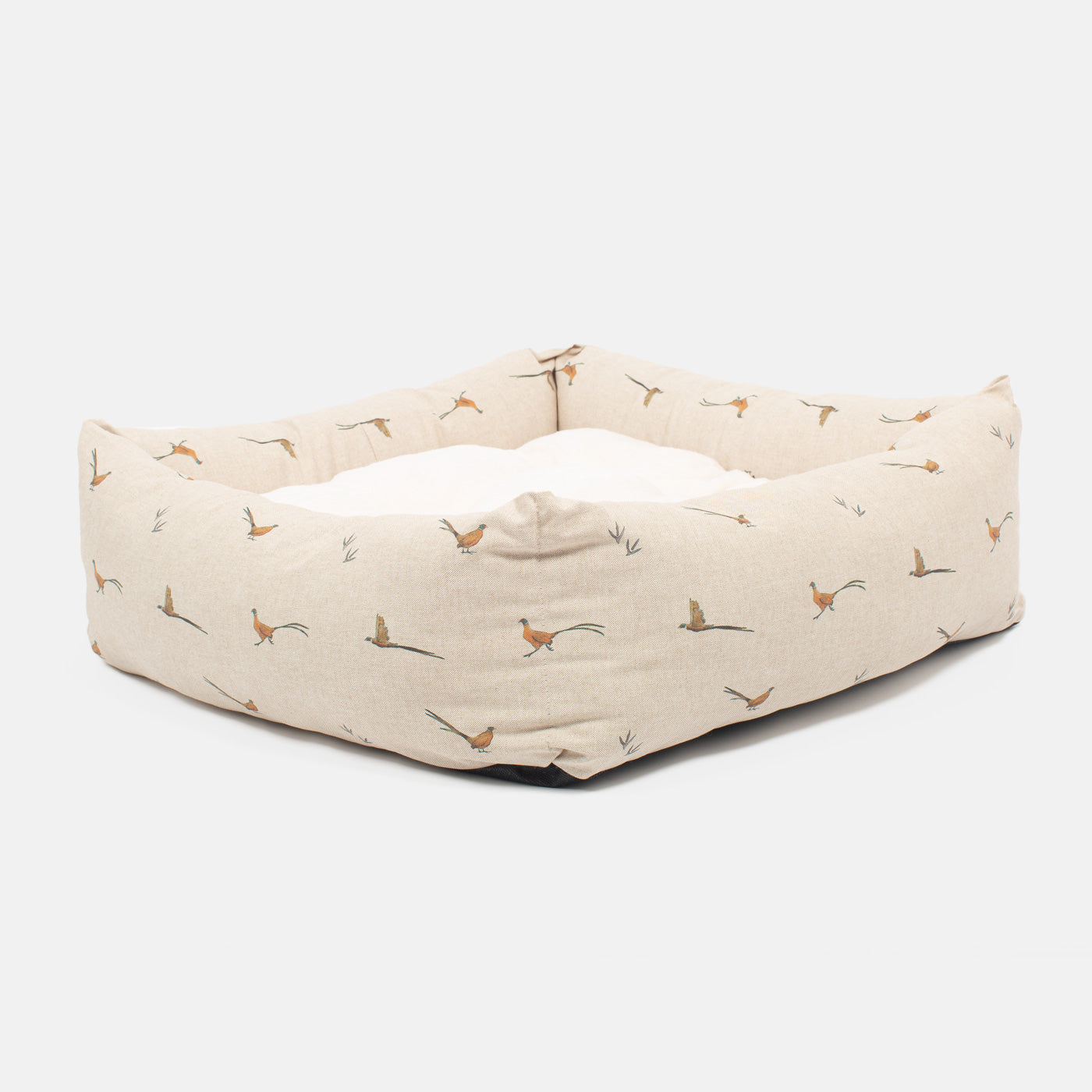[color:woodland pheasant] Luxury Handmade Box Bed For Dogs in Woodland, in Woodland Pheasant. Perfect For Your Pets Nap Time! Available To Personalize at Lords & Labradors US