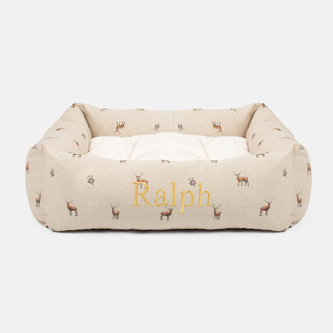 [color:woodland stag] Luxury Handmade Box Bed For Dogs in Woodlands, in Woodland Stag. Perfect For Your Pets Nap Time! Available To Personalize at Lords & Labradors US
