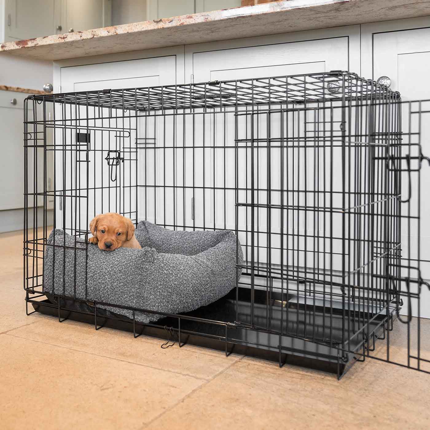 Cozy & Calming Puppy Cage Bed, The Perfect Dog Cage Accessory For The Ultimate Dog Den! In Stunning Granite Bouclé! Available To Personalize at Lords & Labradors US