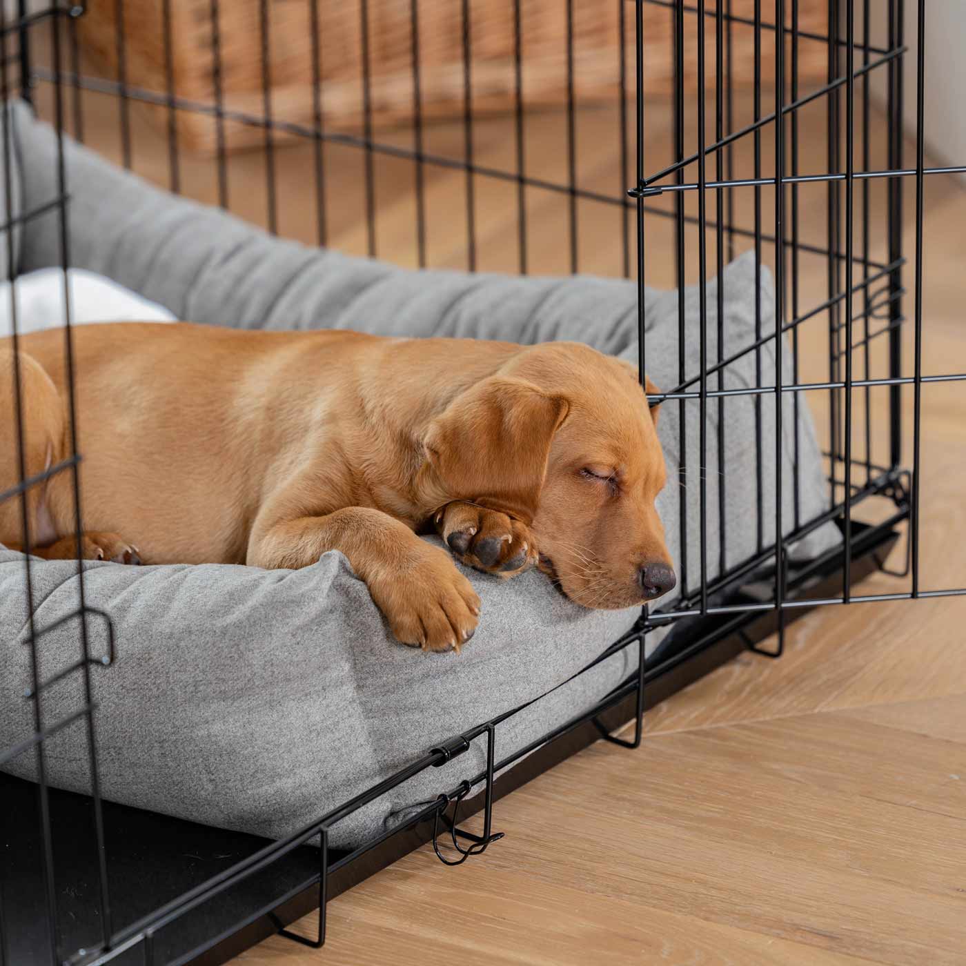 Inchmurrin Cosy & Calm Puppy Box Bed, The Perfect Dog Crate Bed For Pets! To Build The Ultimate Dog Den! In Dark Grey Ground! Available To Personalise Now at Lords & Labradors 