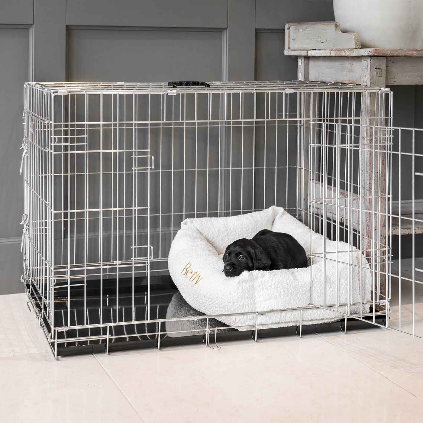 Cozy Calming Puppy Cage Bed In Ivory Boucle by Lords Labradors